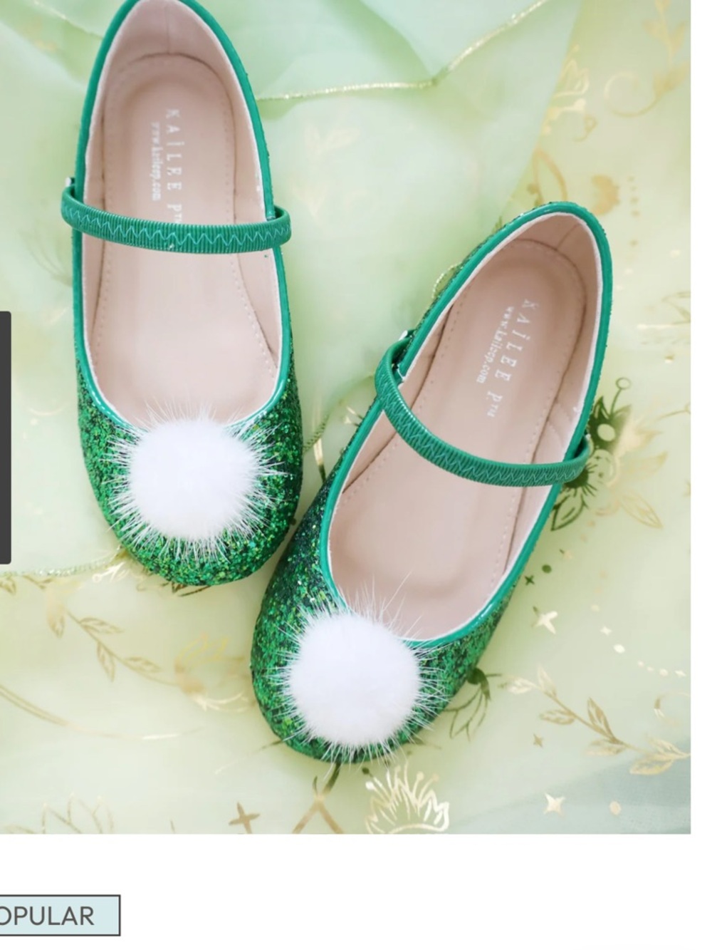 Kailee P brand Rock Glitter Mary Jane Ballet Flats with White Faux Fur Puff
